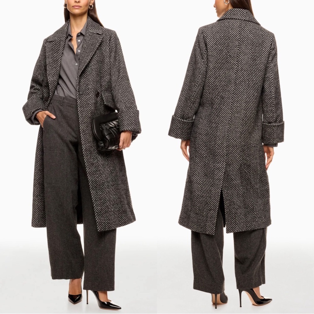 Anthropologie Black and White Herringbone Trench Coat